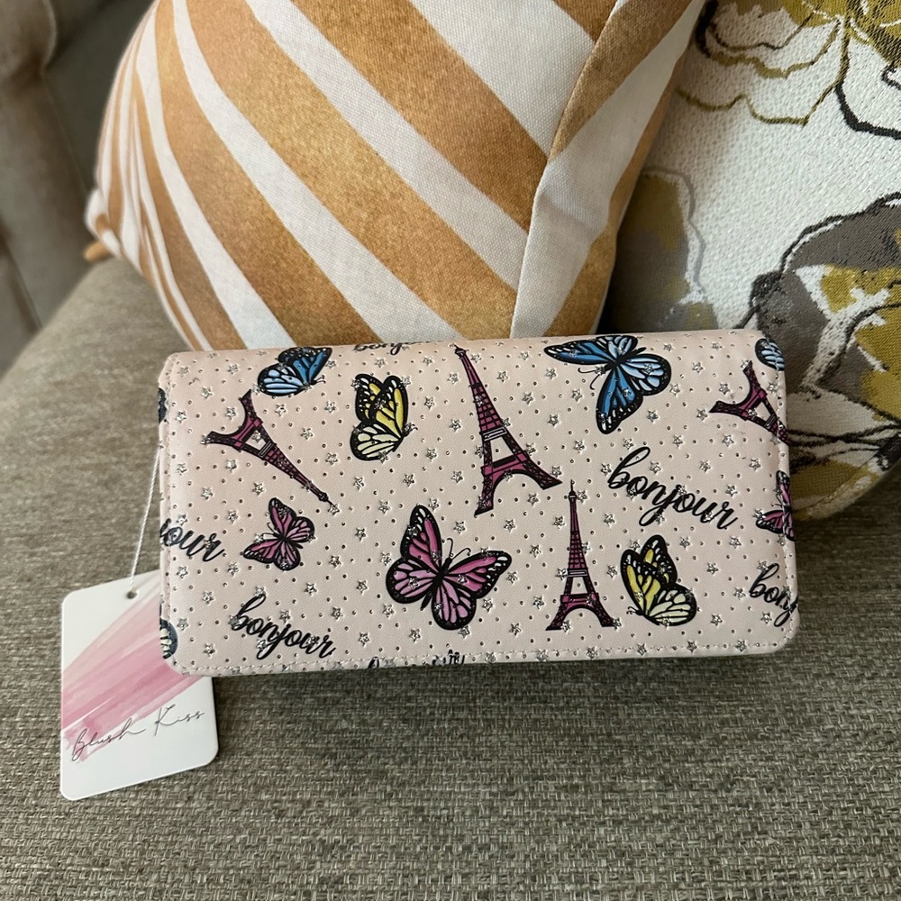 Blush‎ Kiss Chic Bonjour Parisian  Women's Clutch With 2 zipper Compartments New - Picture 13 of 16